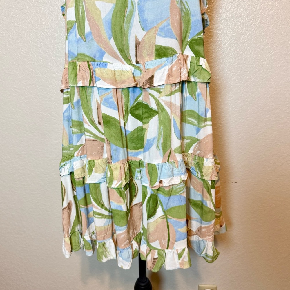 Girl And The Sun Ruffle Sun Dress Watercolor Leaf Print White Green Tan Size XL - Picture 4 of 14